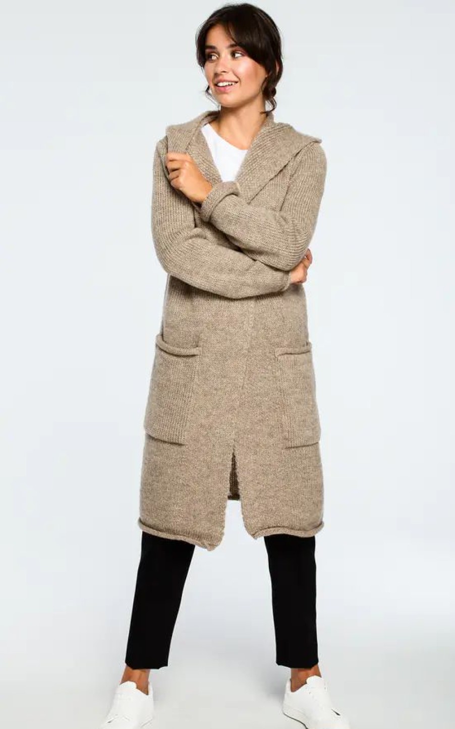 Knitwear * | Best Deal Moe Light Brown Hooded Long Cardigan