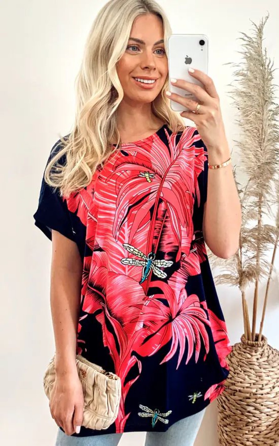 Tops * | Cheapest Cy Boutique Short Sleeve T Shirt With Pink Palm Leaf Design