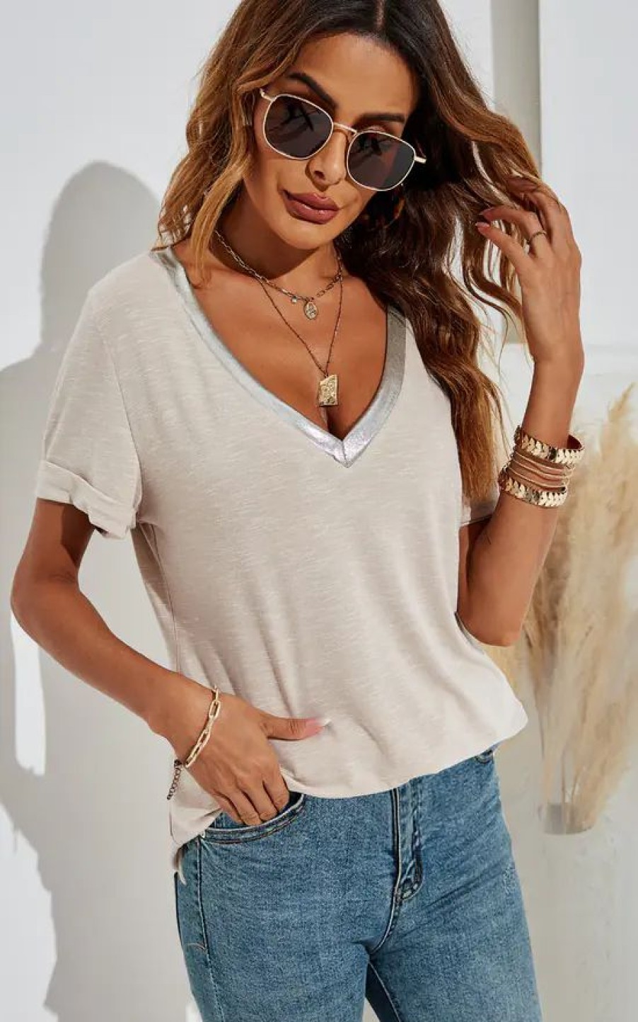 Tops * | Deals Fs Collection Silver Trim Simple Style T Shirt Top In Beige