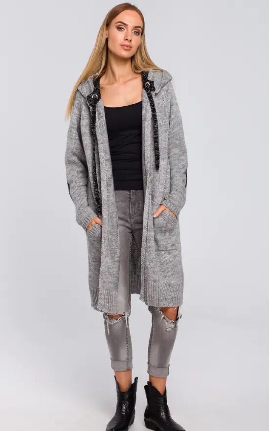 Knitwear * | New Moe Grey Hooded Longline Cardigan With Drawstrings