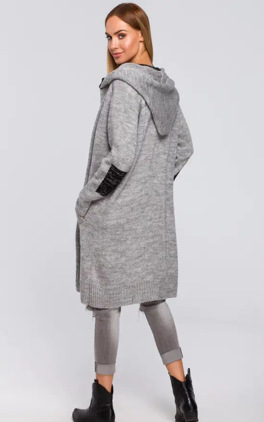 Knitwear * | New Moe Grey Hooded Longline Cardigan With Drawstrings