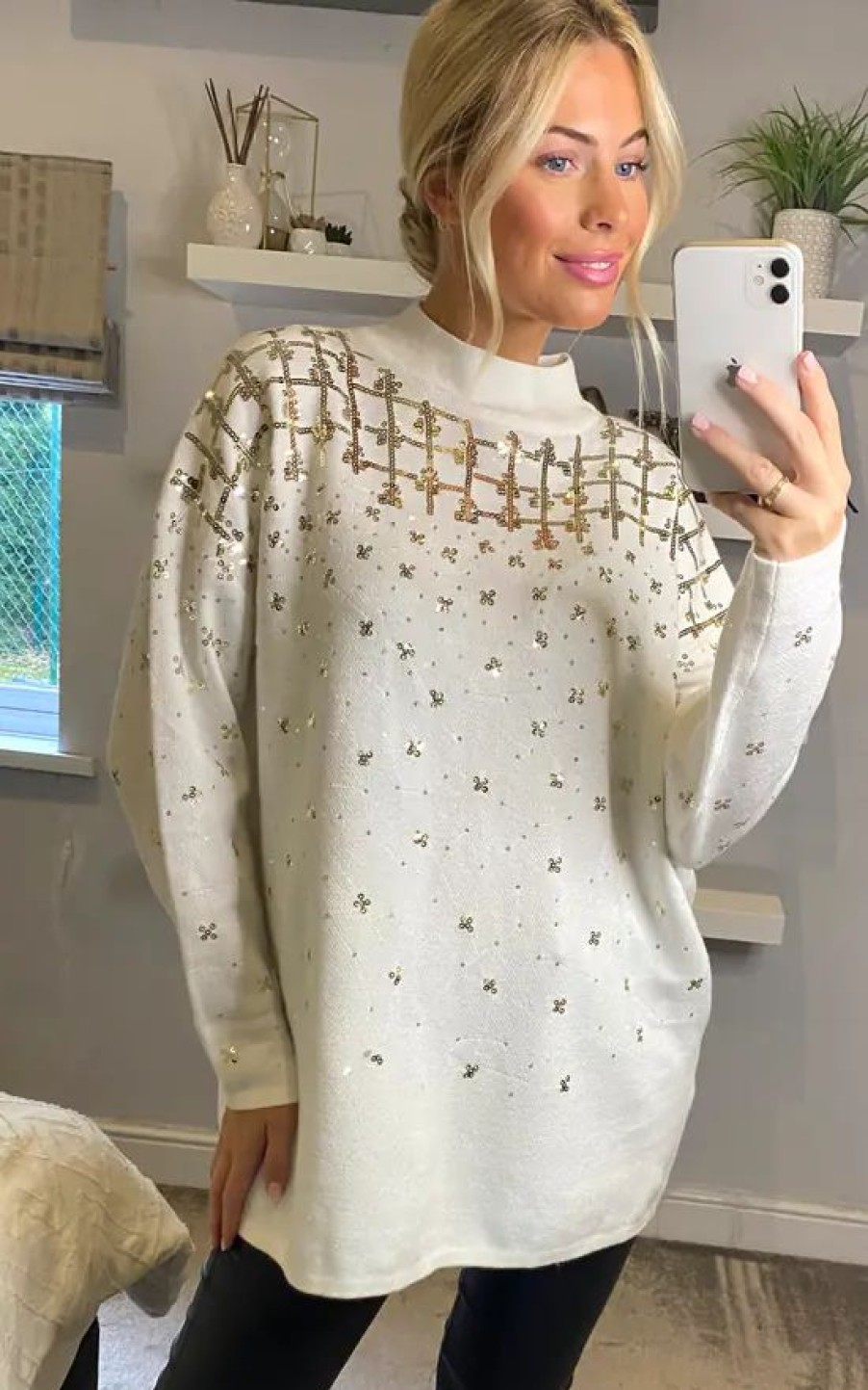 Dresses * | New Cy Boutique Sequin Embellished Front And Sleeves Design Jumper Dress In White