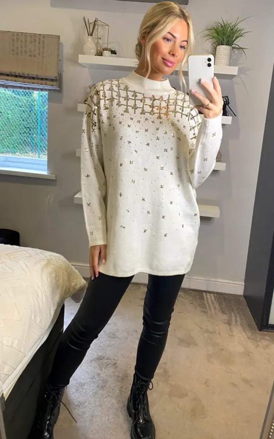 Dresses * | New Cy Boutique Sequin Embellished Front And Sleeves Design Jumper Dress In White