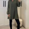 Tops * | Budget Hoxton Gal Relaxed Fit Long Sleeves Button Detailed Tunic Top In Khaki