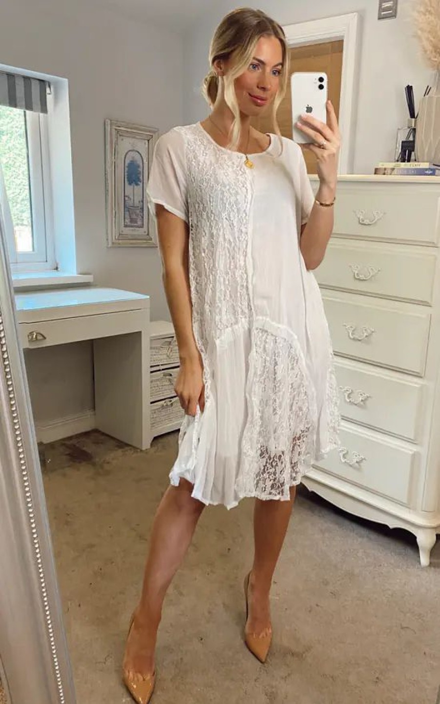 Dresses * | New Cy Boutique White Oversized Dress With Chiffon & Lace Details