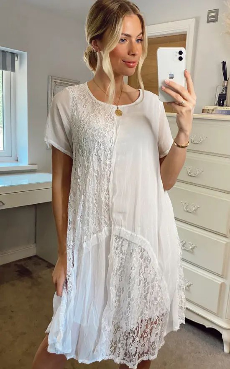 Dresses * | New Cy Boutique White Oversized Dress With Chiffon & Lace Details