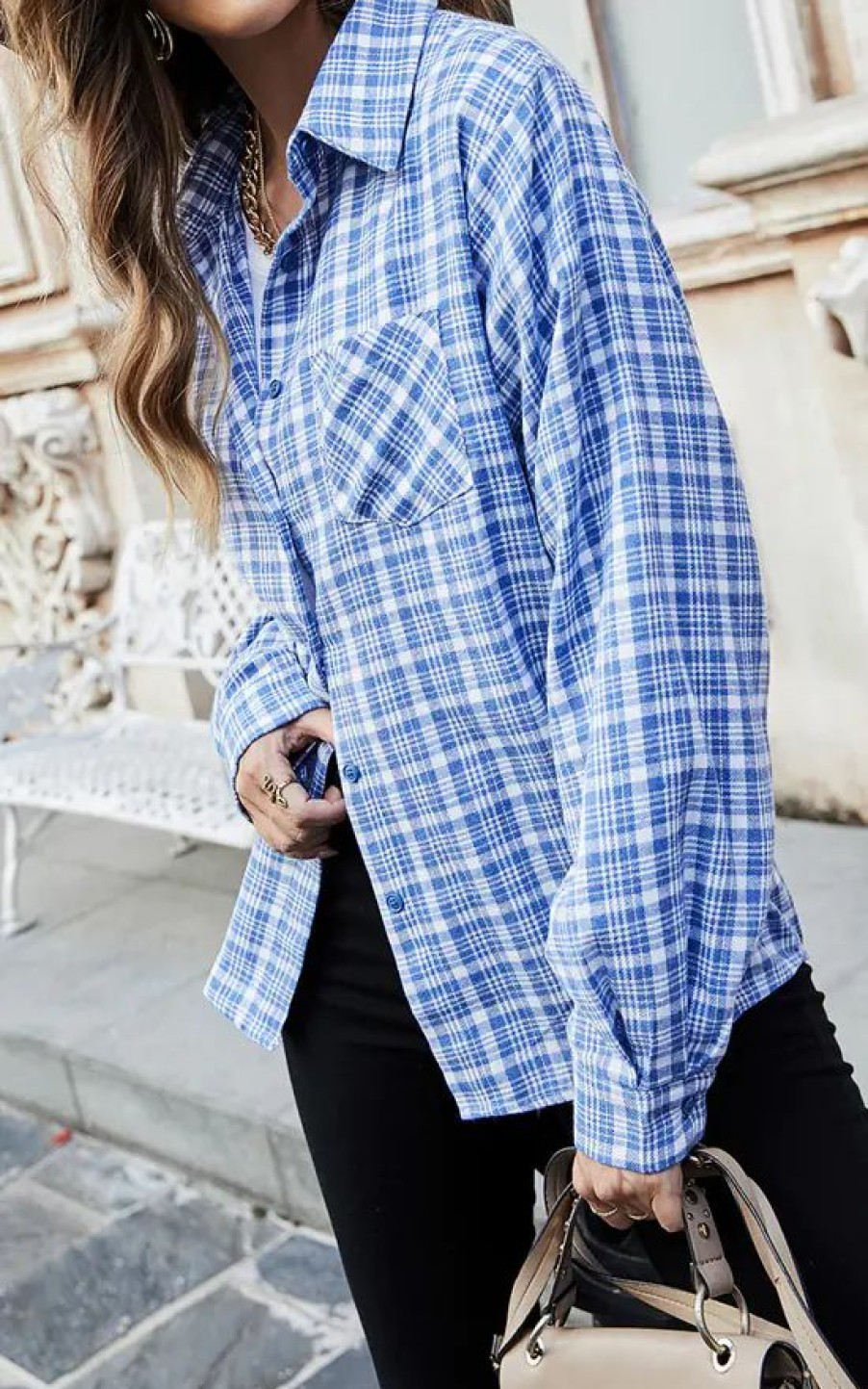 Tops * | Hot Sale Fs Collection Oversized White Brushed Check Pocket Detail Shirt In Blue