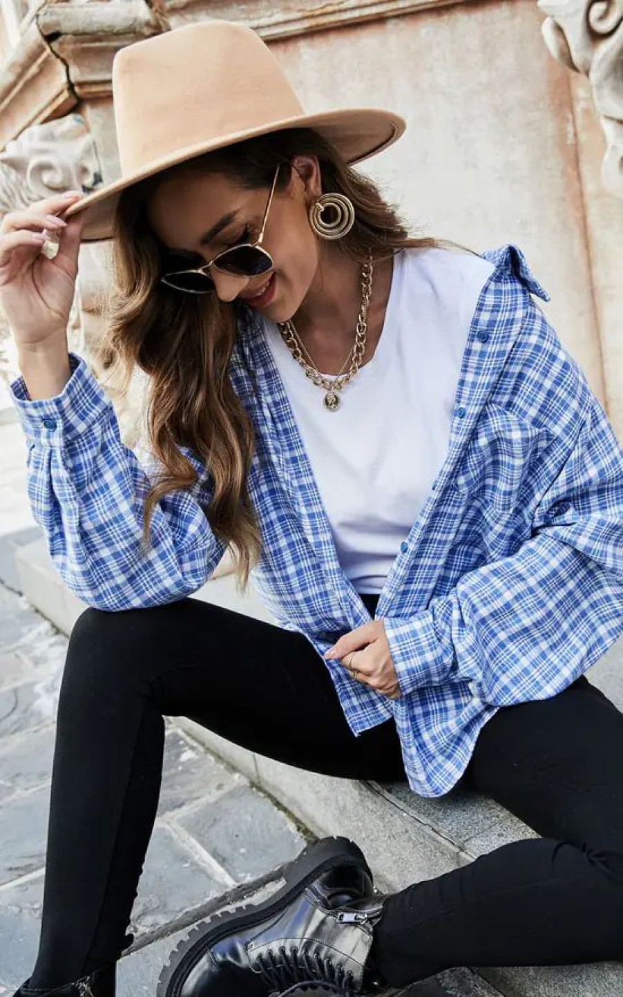 Tops * | Hot Sale Fs Collection Oversized White Brushed Check Pocket Detail Shirt In Blue