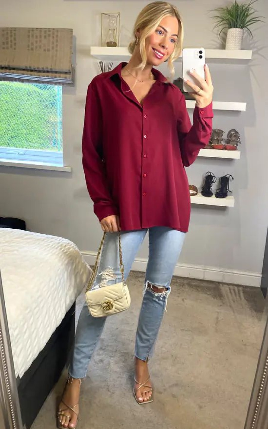 Tops * | Deals Hoxton Gal Long Sleeves Relaxed Fit Shirt In Burgundy