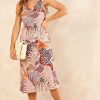 Dresses * | Hot Sale Love Lincoln Cowl Neck Summer Slip Midi Dress In Pink Leaf Patchwork Print