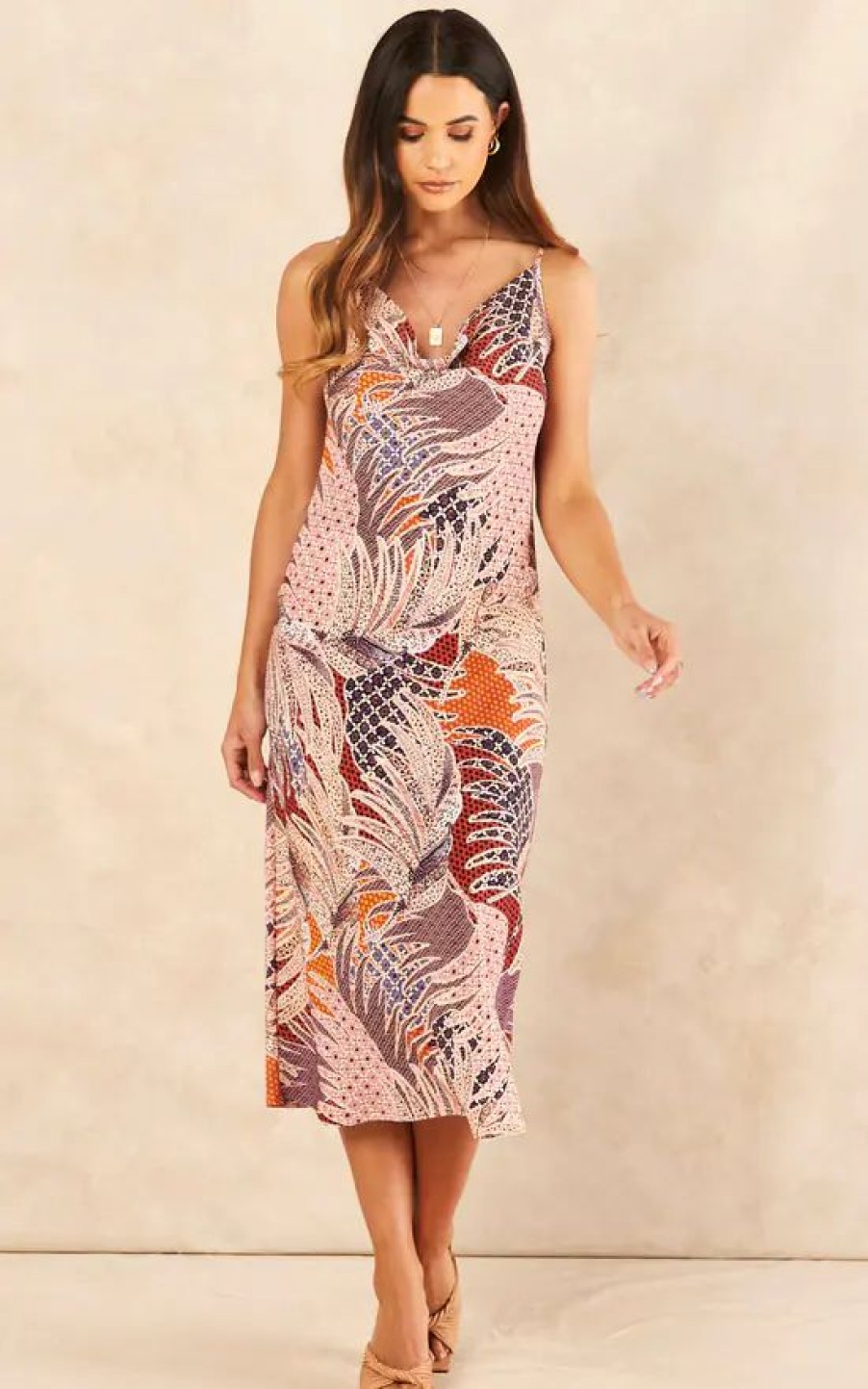 Dresses * | Hot Sale Love Lincoln Cowl Neck Summer Slip Midi Dress In Pink Leaf Patchwork Print