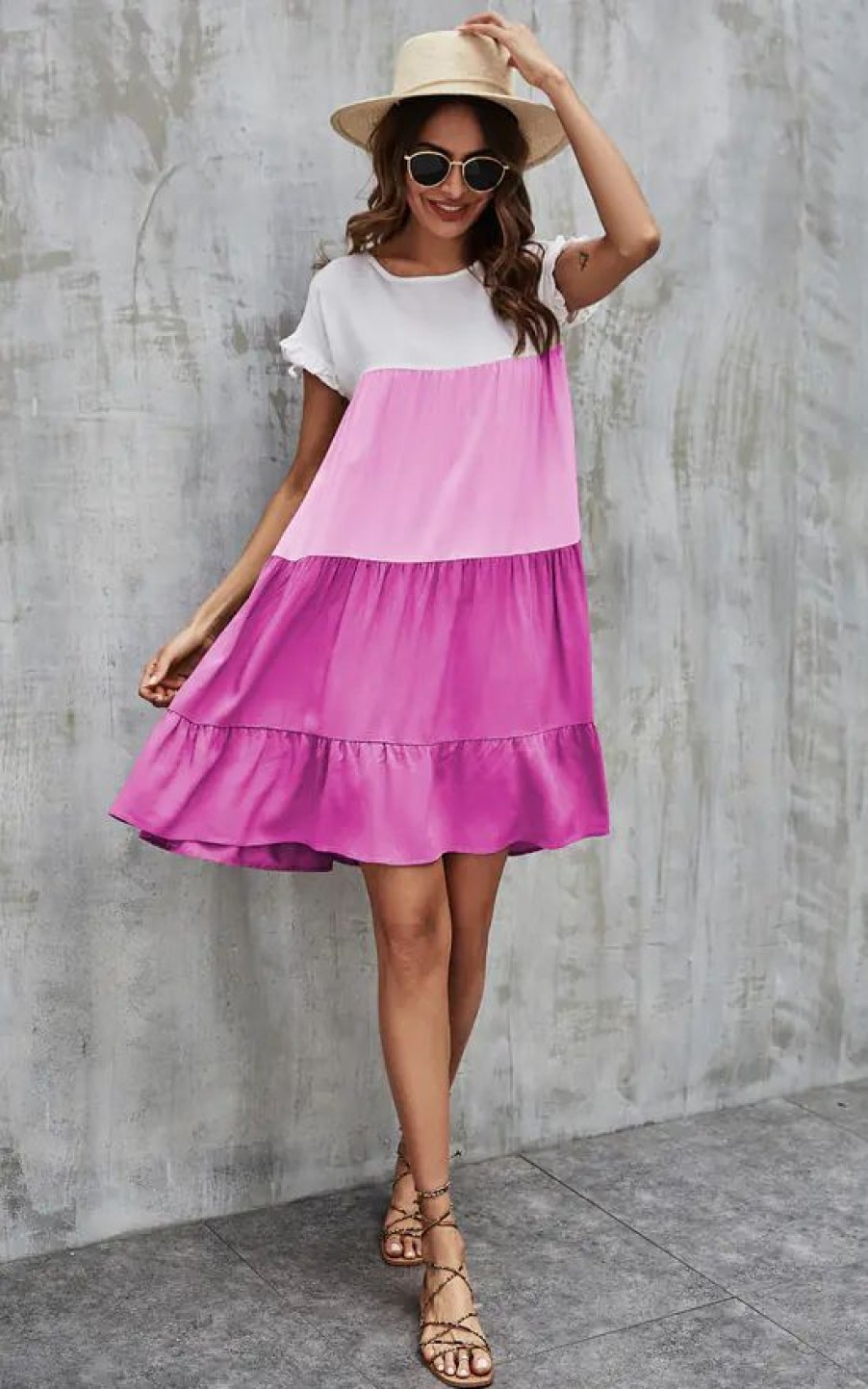 Dresses * | Best Deal Fs Collection Tiered Smock Dress In White & Pink