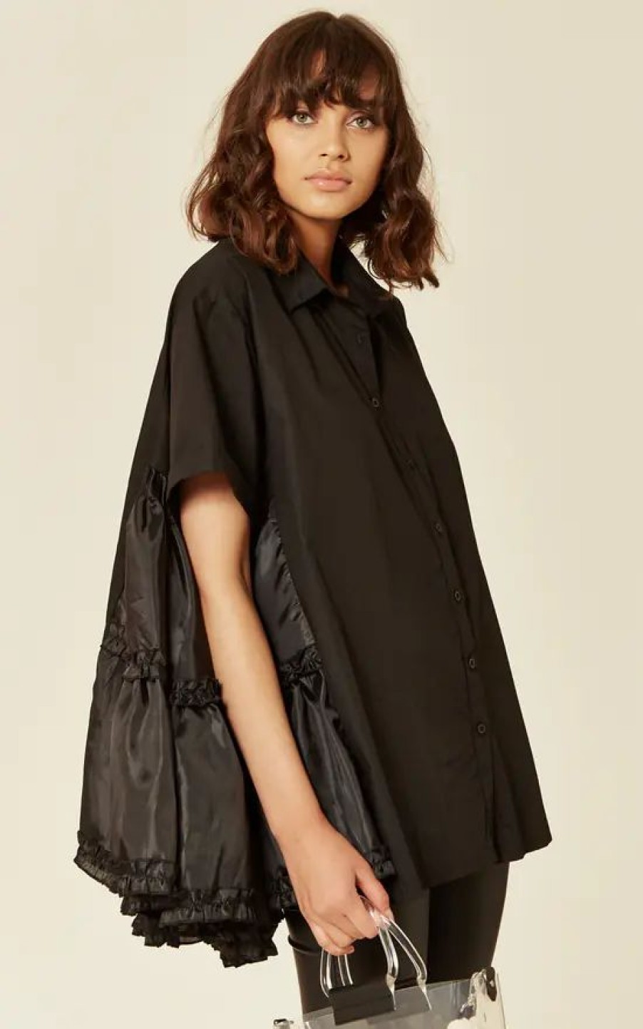 Tops * | Buy Cy Boutique Oversized Short Sleeve Shirt With Frill Detail On Side In Black