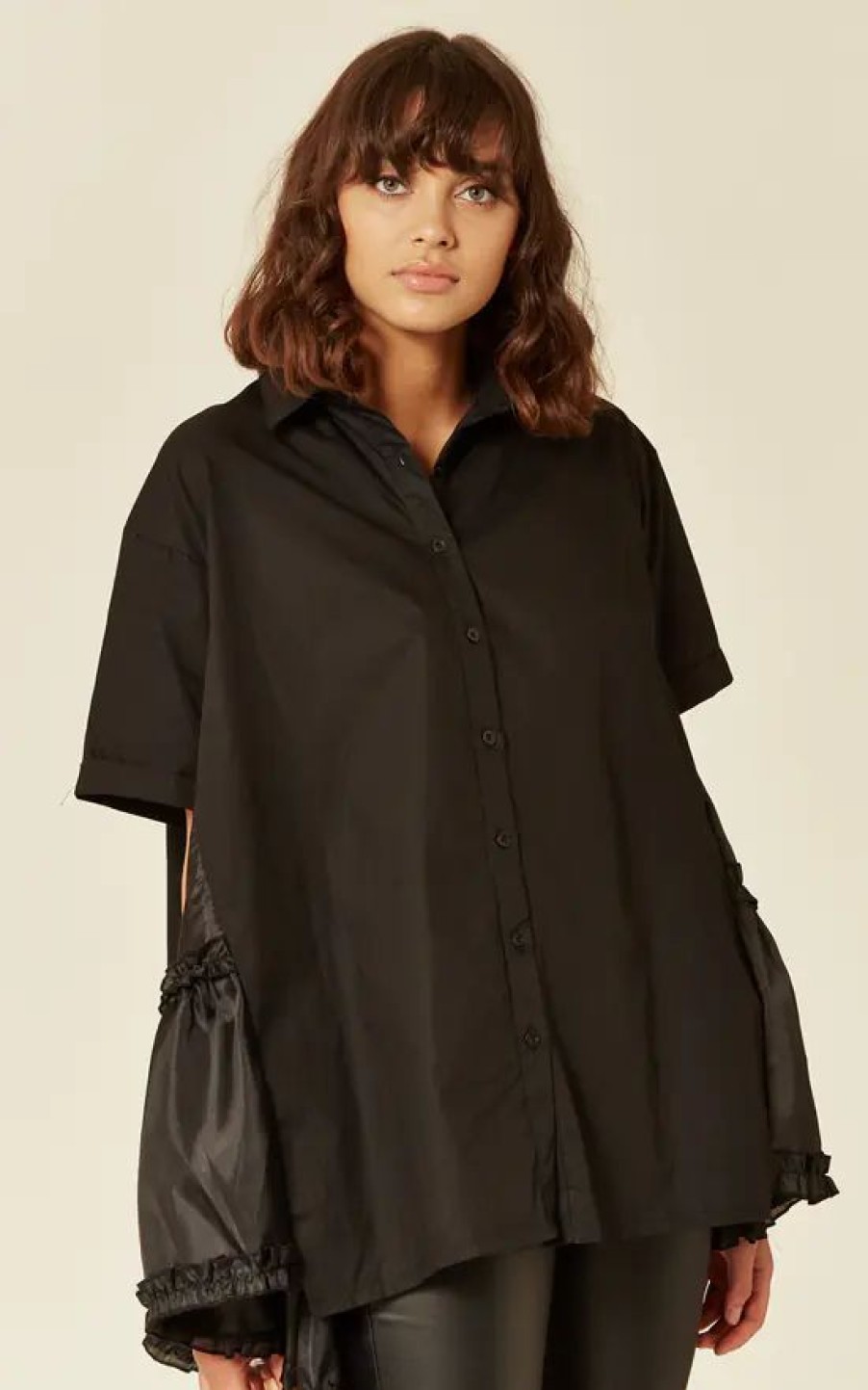 Tops * | Buy Cy Boutique Oversized Short Sleeve Shirt With Frill Detail On Side In Black