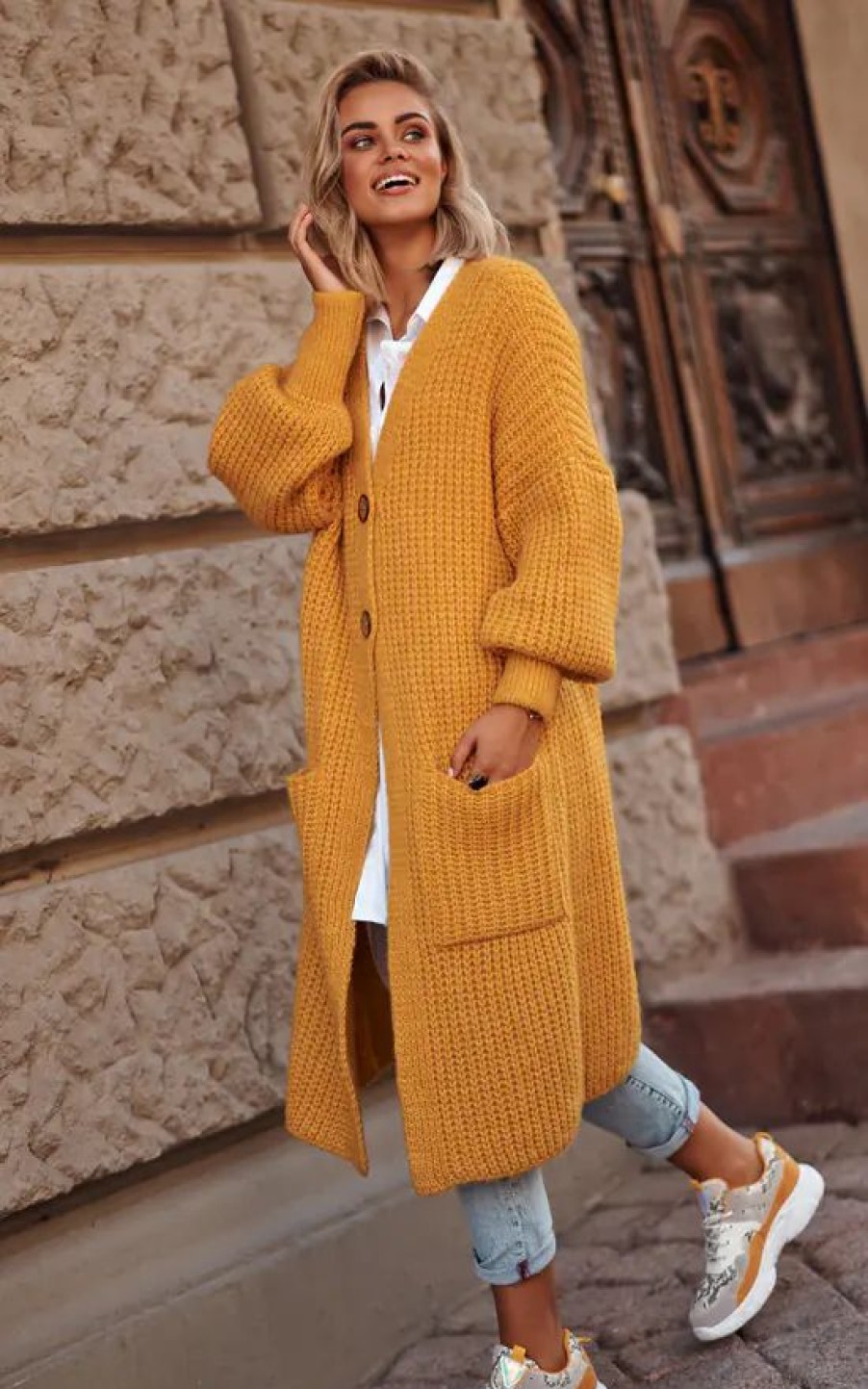 Knitwear * | Top 10 Makadamia Mustard Long Cardigan Fastened With Buttons