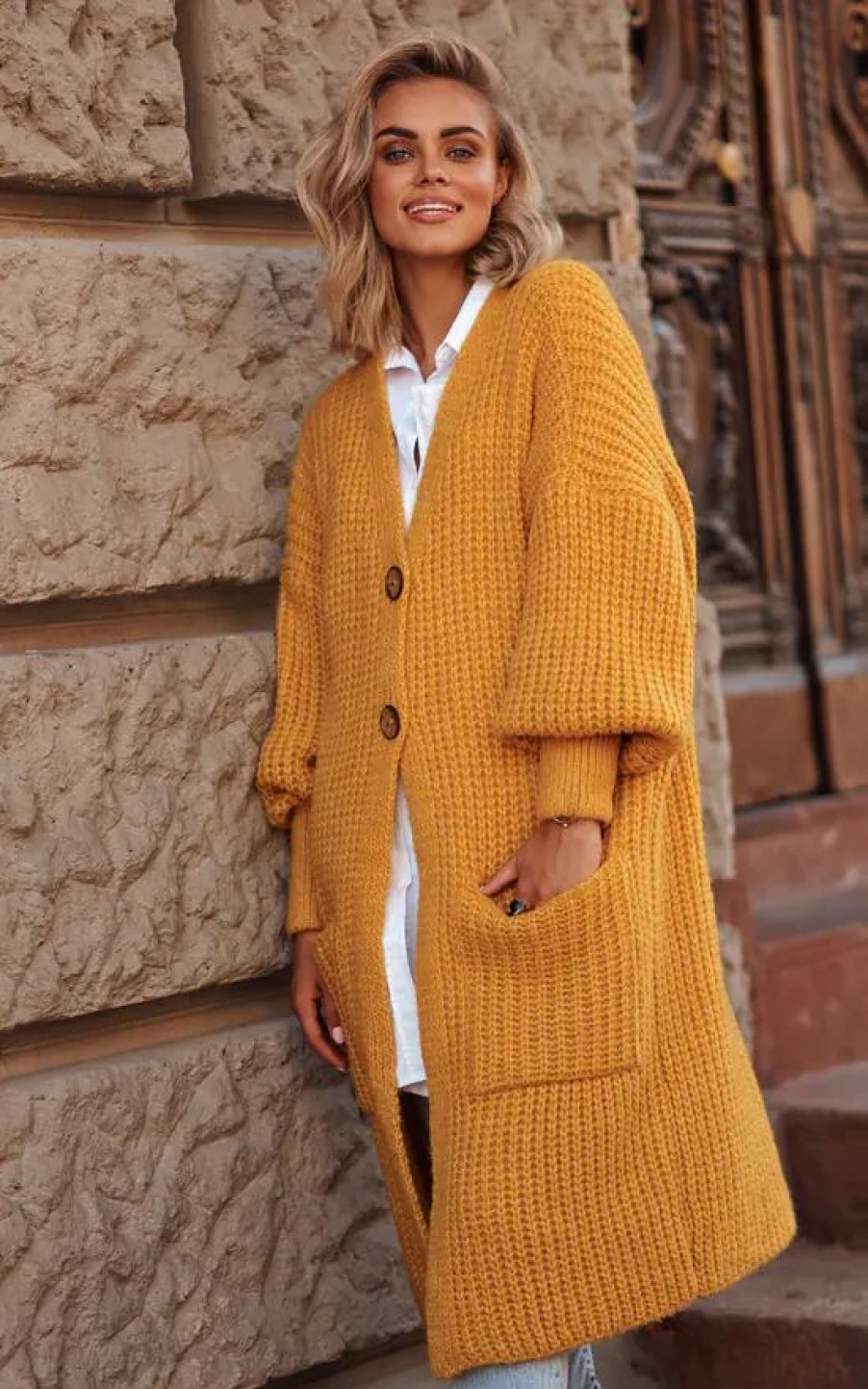 Knitwear * | Top 10 Makadamia Mustard Long Cardigan Fastened With Buttons