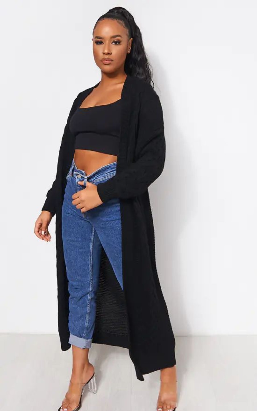 Knitwear * | New The Fashion Bible Addie Black Cable Knit Maxi Cardigan