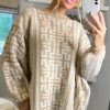 Dresses * | Best Sale Cy Boutique Fine Knit Oversized Jumper With Monogrammed Pattern Design In Beige And White