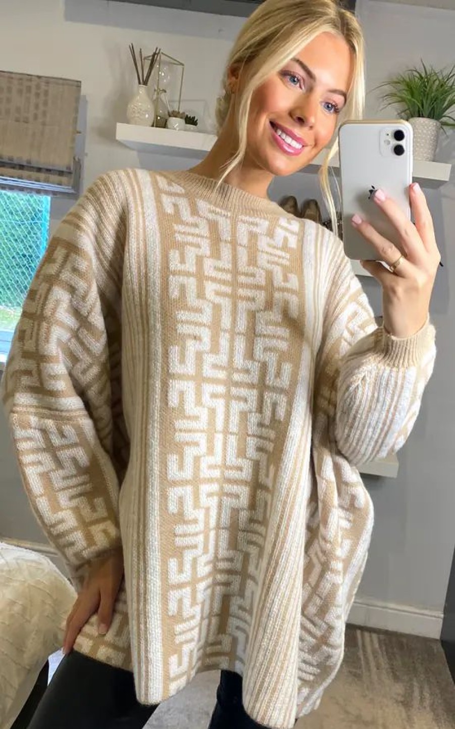 Dresses * | Best Sale Cy Boutique Fine Knit Oversized Jumper With Monogrammed Pattern Design In Beige And White