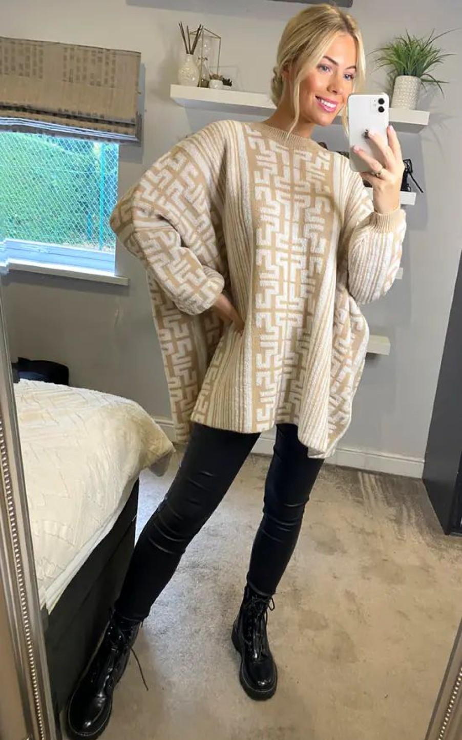 Dresses * | Best Sale Cy Boutique Fine Knit Oversized Jumper With Monogrammed Pattern Design In Beige And White