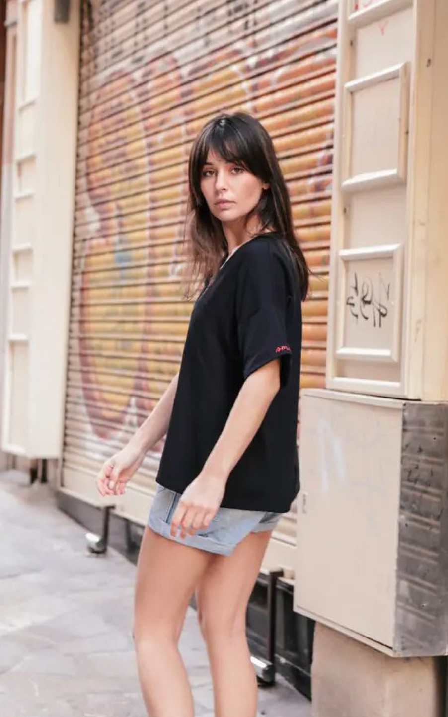 Tops * | Best Reviews Of Moe Black Oversized Tshirt With Embroidered Sleeve