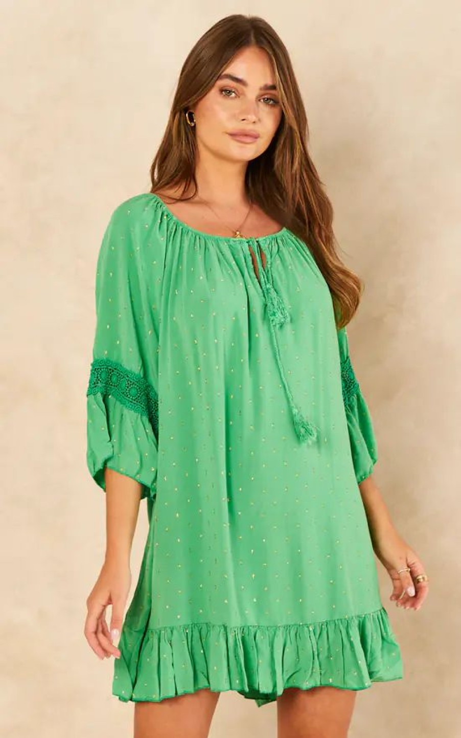 Dresses * | Promo Blue Vanilla Annalisa Crochet Sleeve Detail Dress In Jade