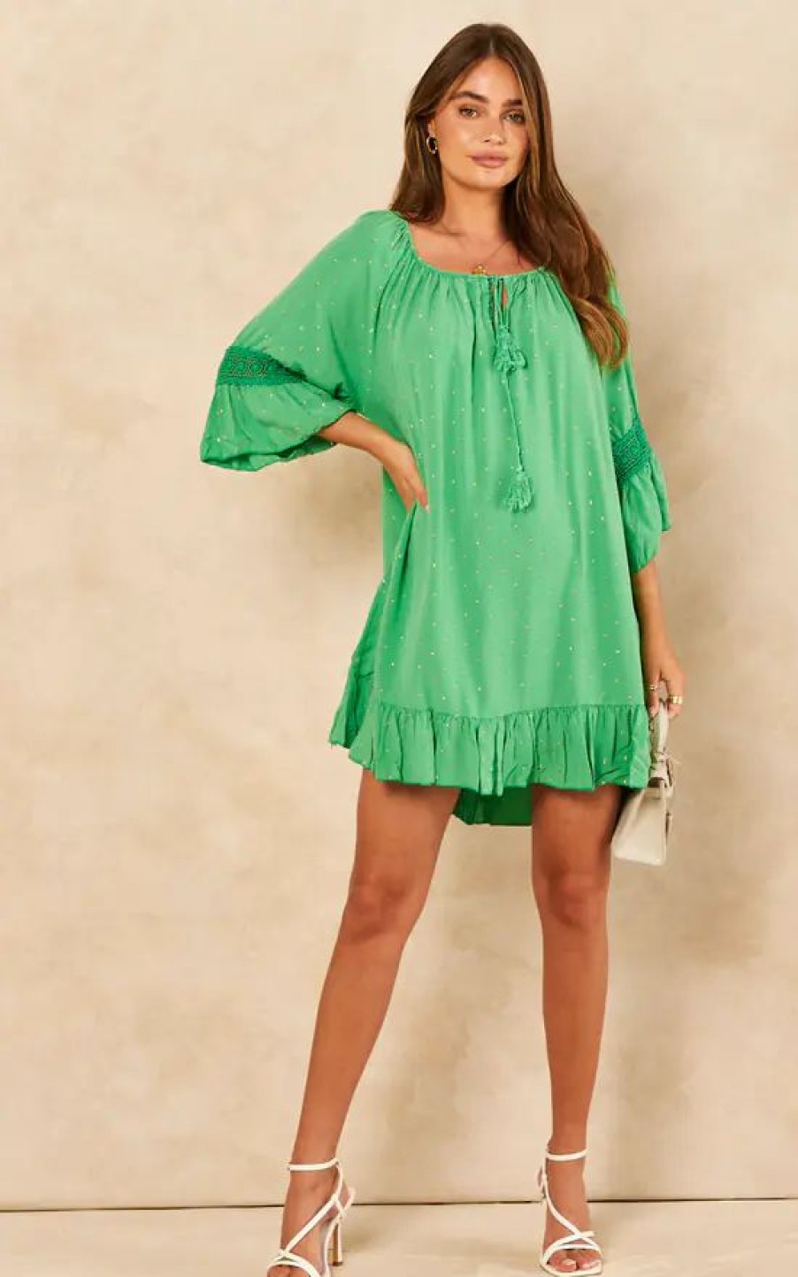 Dresses * | Promo Blue Vanilla Annalisa Crochet Sleeve Detail Dress In Jade