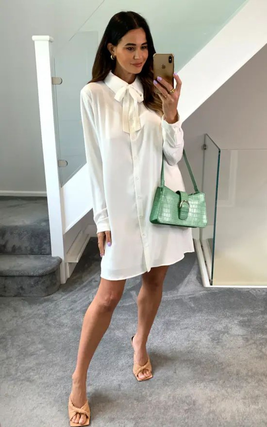 Tops * | Promo Hoxton Gal Oversized Tie Detailed Tunic Shirt With Long Sleeves In White