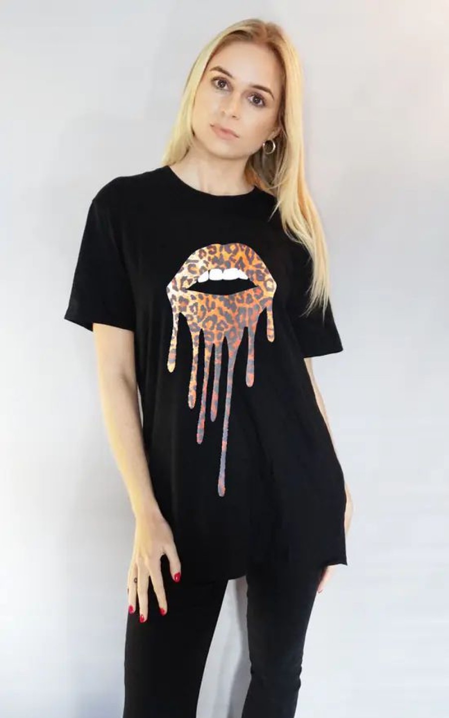 Tops * | Best Sale Sade Farrell Leopard Lip Drip T Shirt In Black