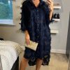 Dresses * | Outlet Cy Boutique Oversized Navy Blue Shirt Dress With Feather Tassel Look Embroidery