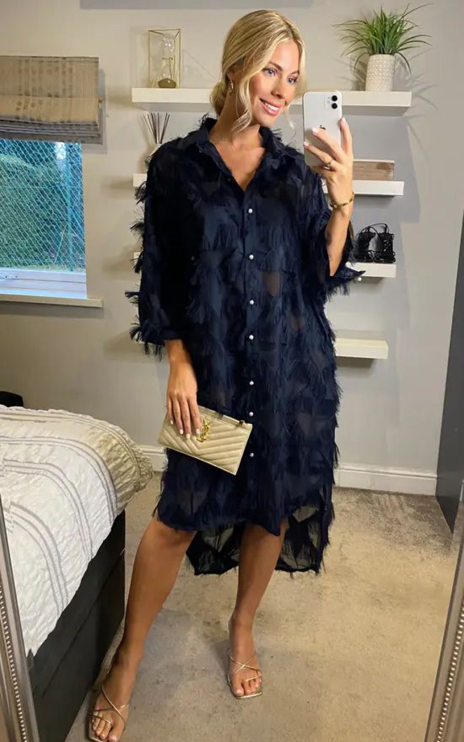 Dresses * | Outlet Cy Boutique Oversized Navy Blue Shirt Dress With Feather Tassel Look Embroidery