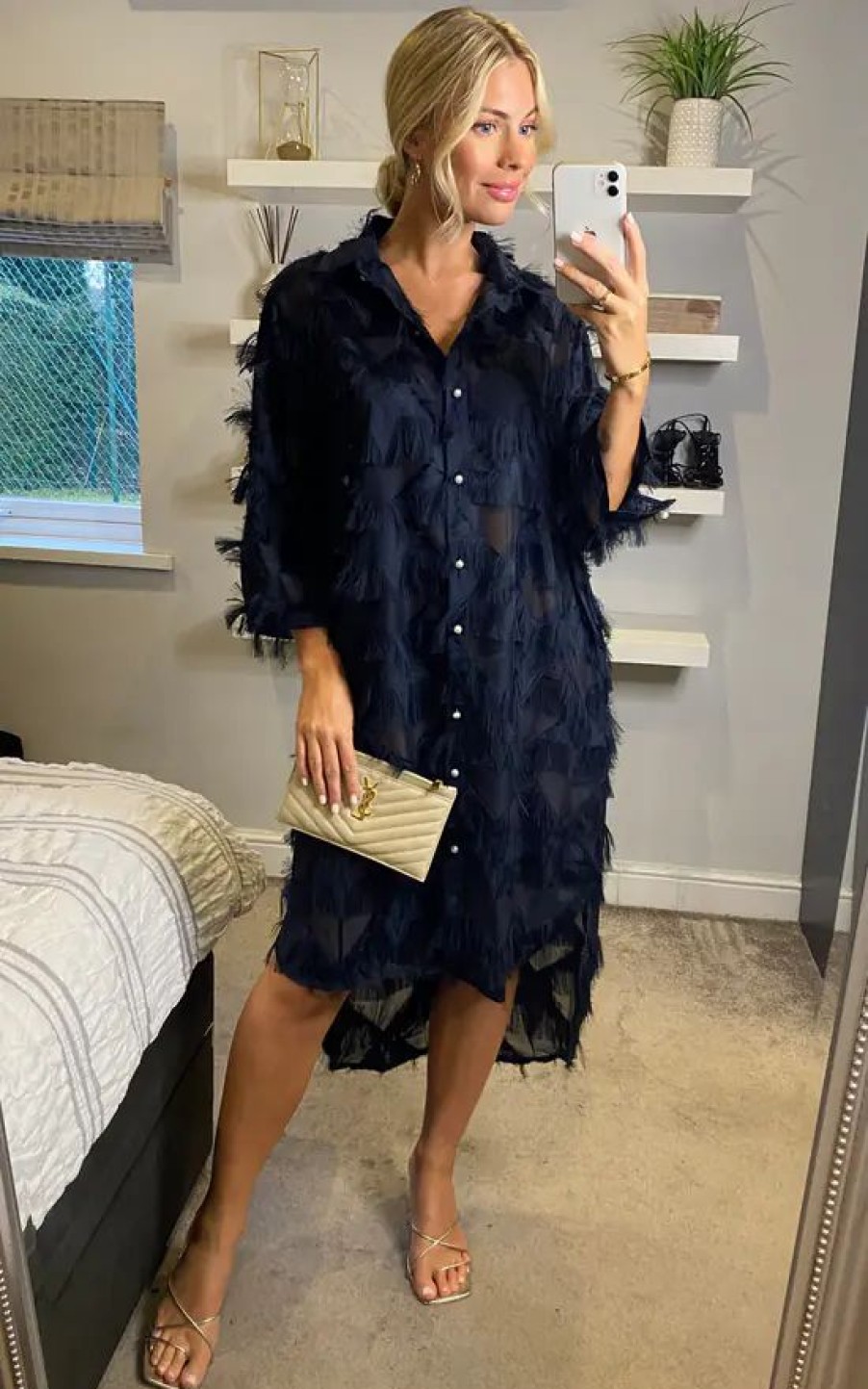 Dresses * | Outlet Cy Boutique Oversized Navy Blue Shirt Dress With Feather Tassel Look Embroidery