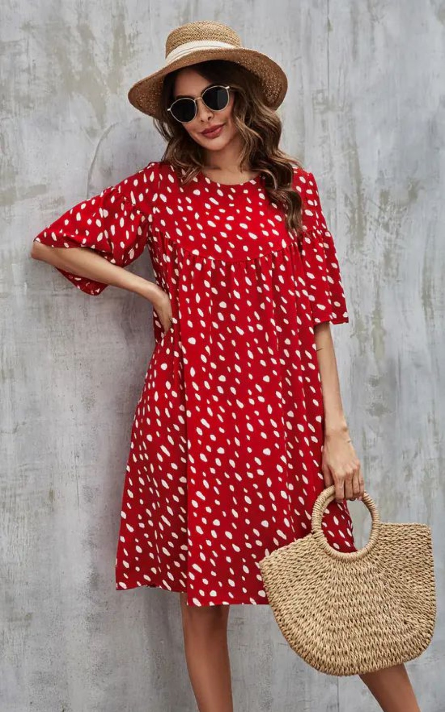 Dresses * | Wholesale Fs Collection White Dot Short Sleeve Oversized Smock Dress In Red