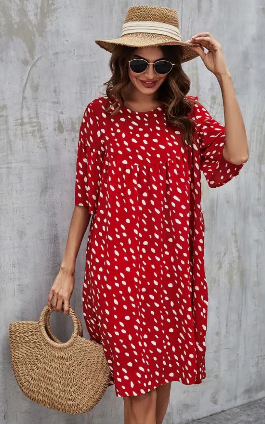 Dresses * | Wholesale Fs Collection White Dot Short Sleeve Oversized Smock Dress In Red