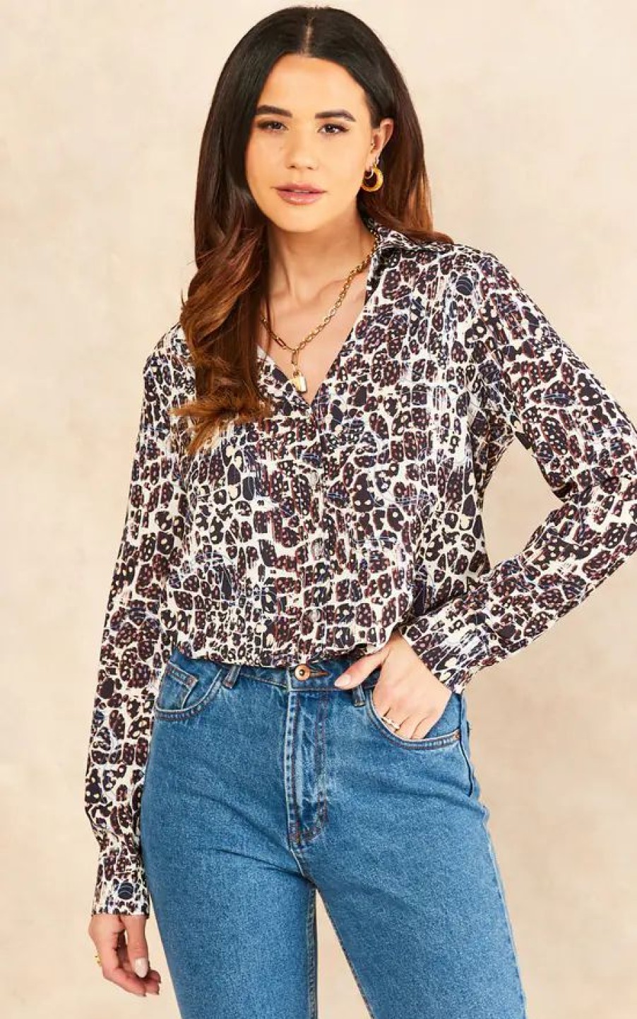 Tops * | Budget Jenerique Long Sleeve Shirt In Geometric Leopard Print