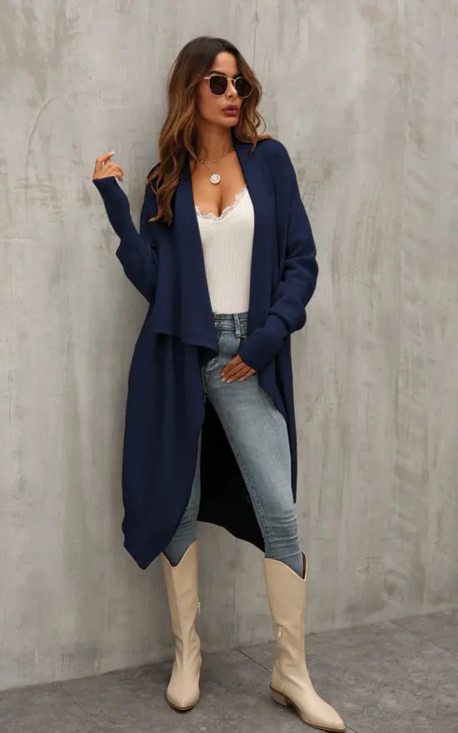 Knitwear * | Top 10 Fs Collection Navy Chunky Pleat Oversized Cardigan