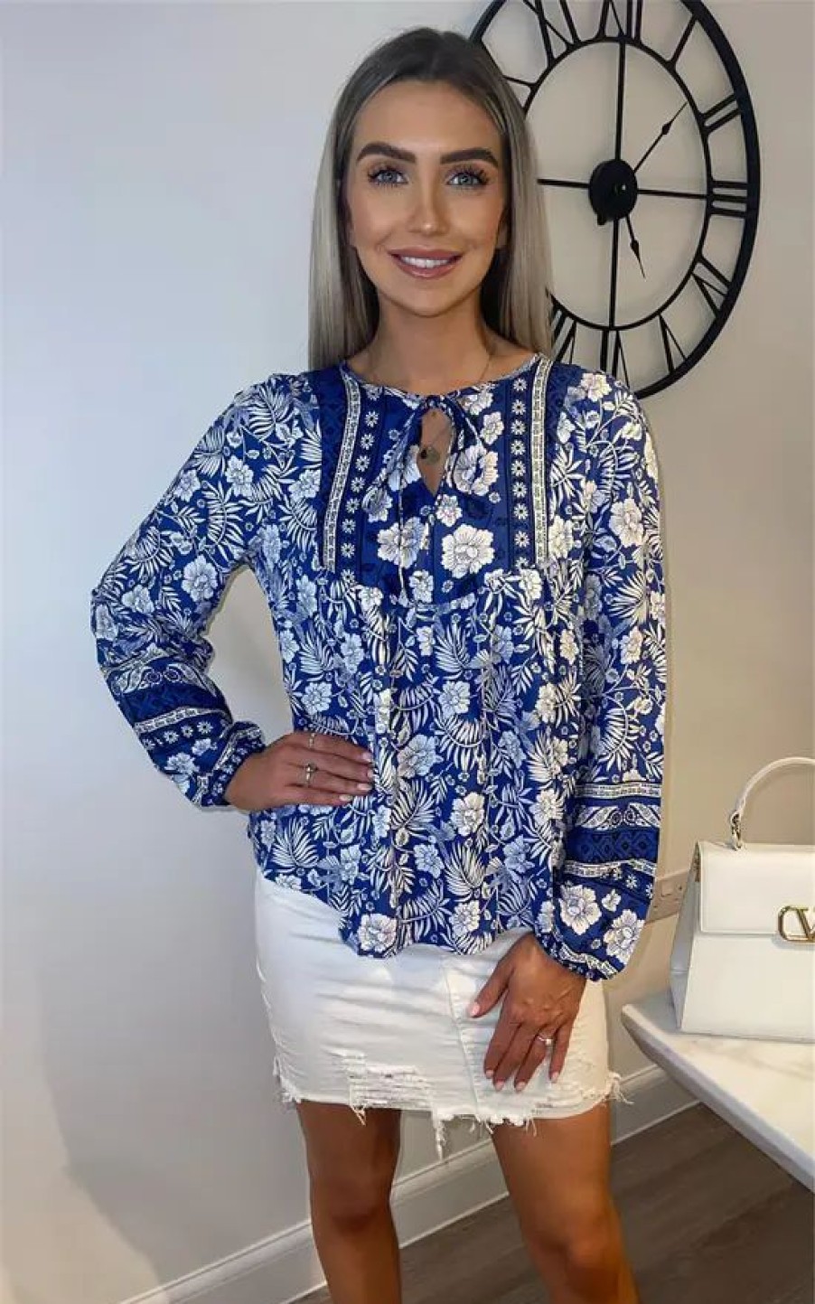 Tops * | Hot Sale Miss Floral Long Sleeve Floral Boho Top In Blue