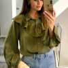 Tops * | Brand New Hoxton Gal Oversized Frilled Front Shirt With Detailed Cuffs In Khaki