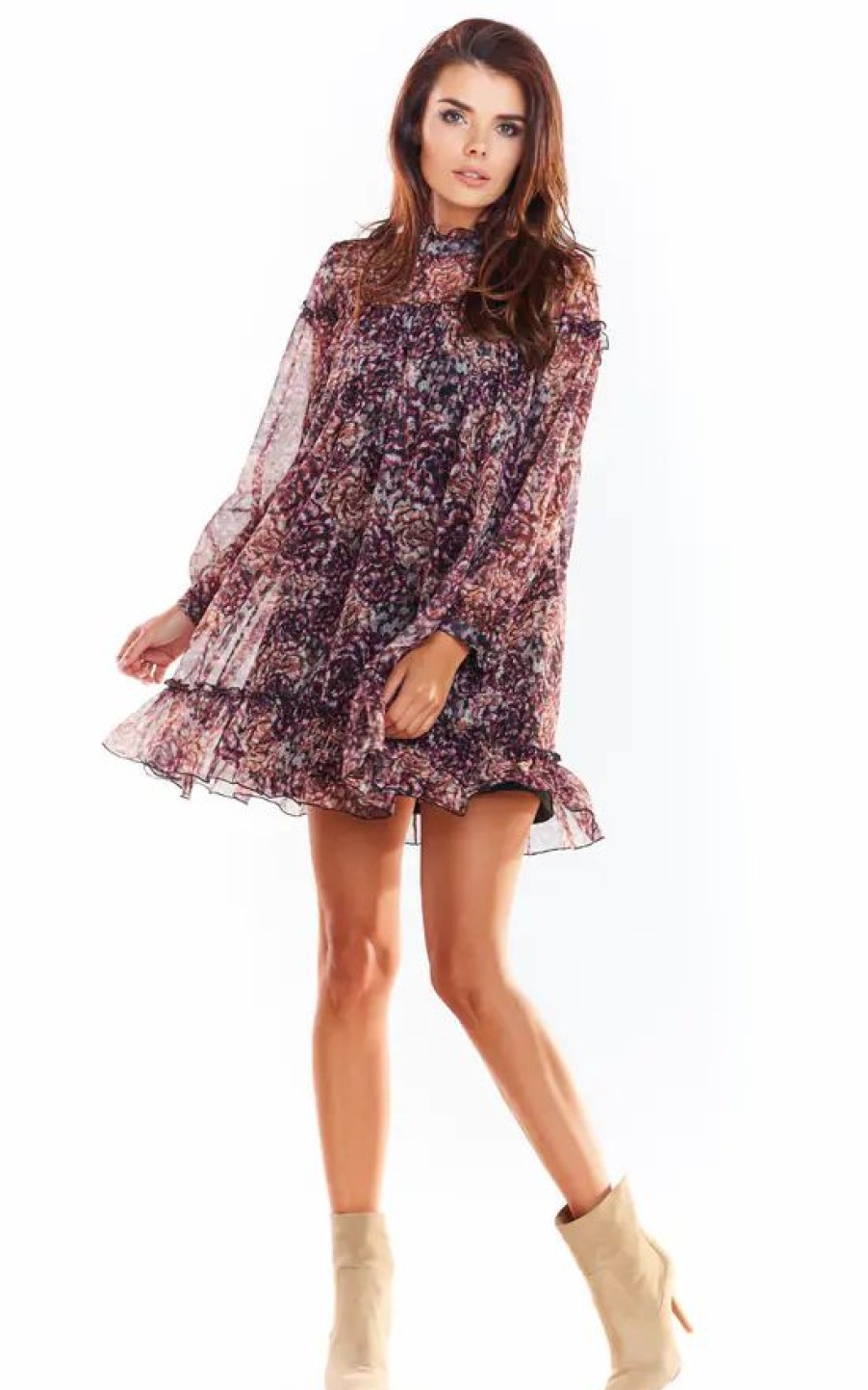 Dresses * | Coupon Awama Oversized Long Sleeve Mini Dress In Brown Floral Print