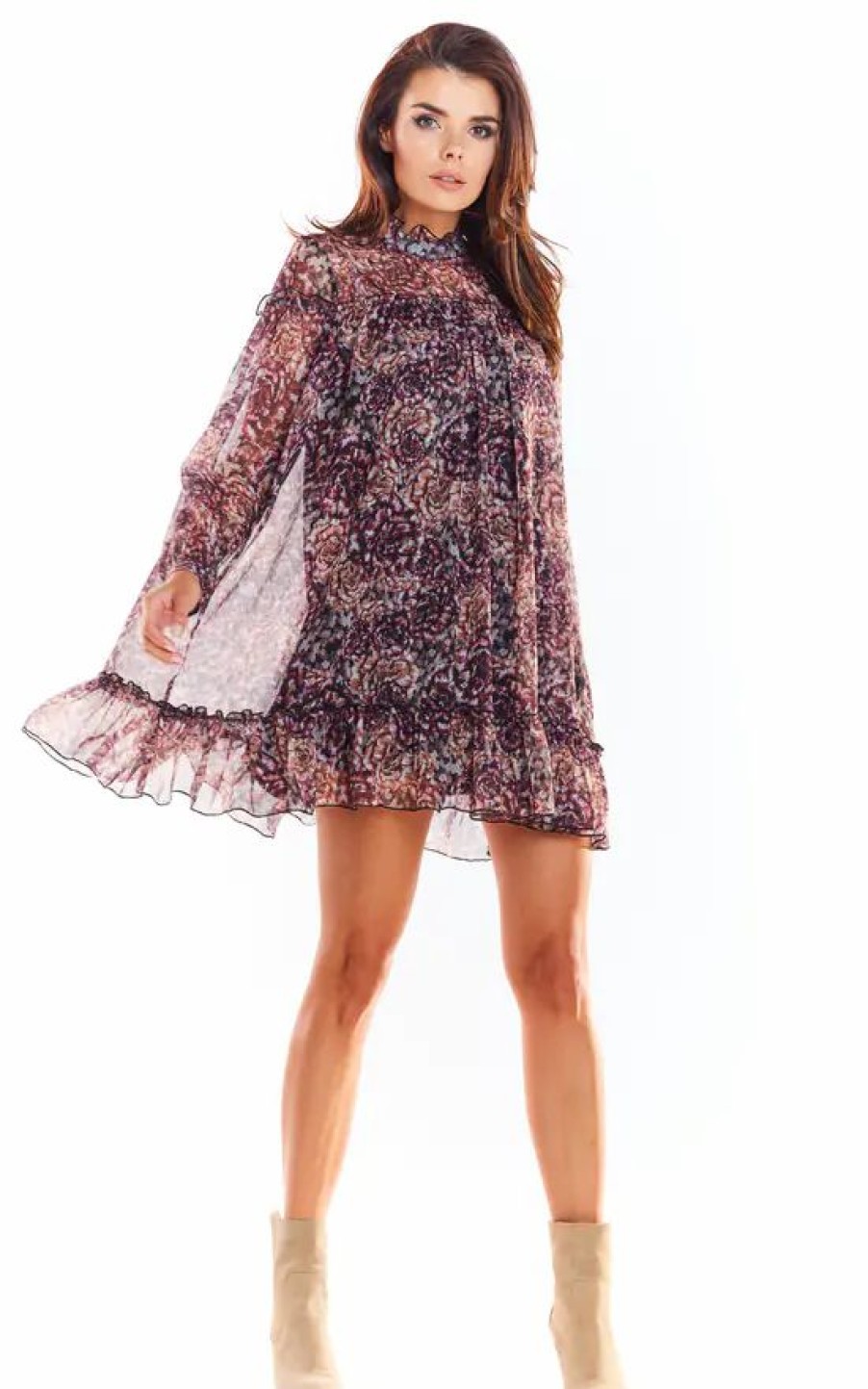 Dresses * | Coupon Awama Oversized Long Sleeve Mini Dress In Brown Floral Print