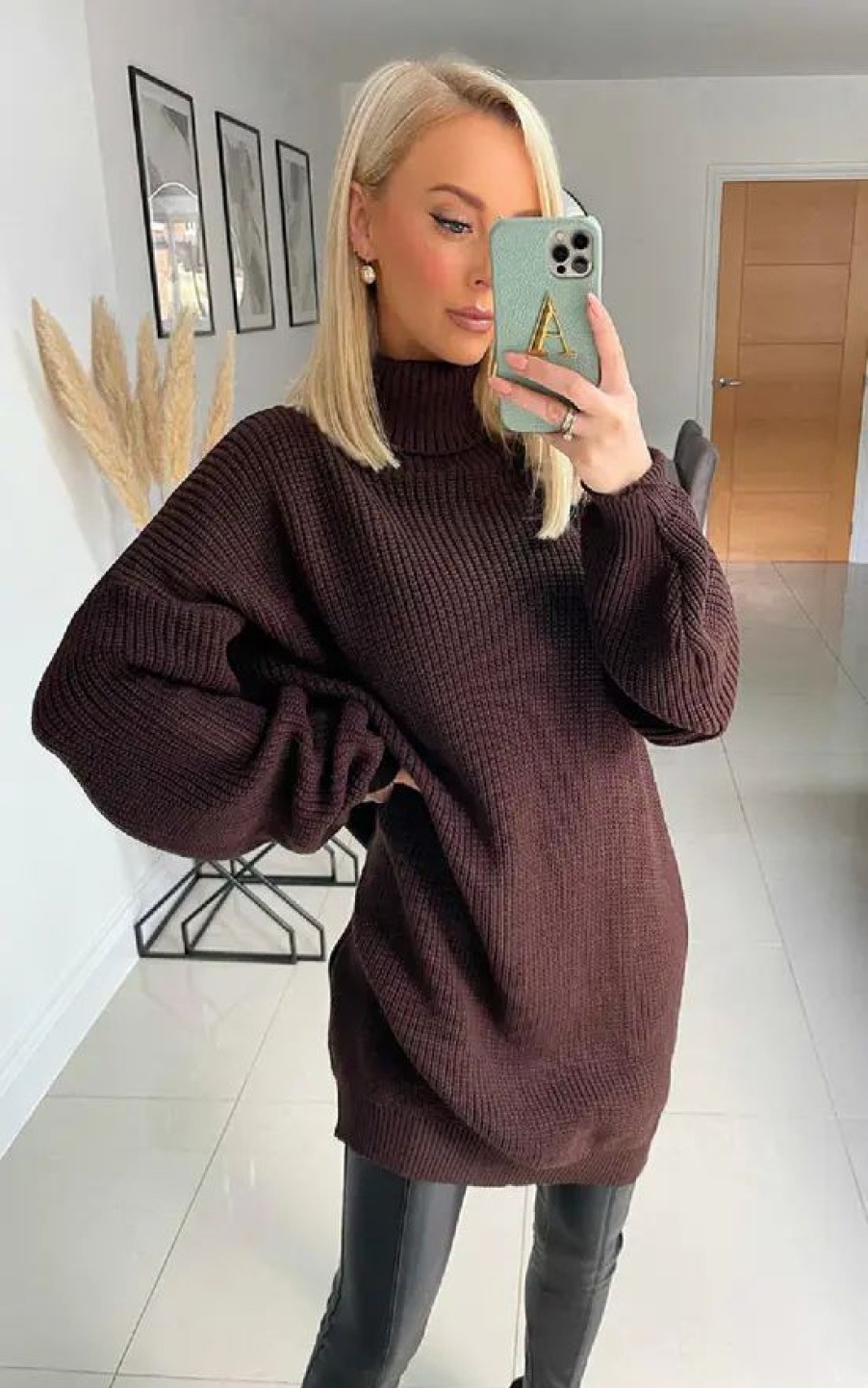 Dresses * | Discount Ikrush Macey High Neck Knitted Jumper Dress In Brown