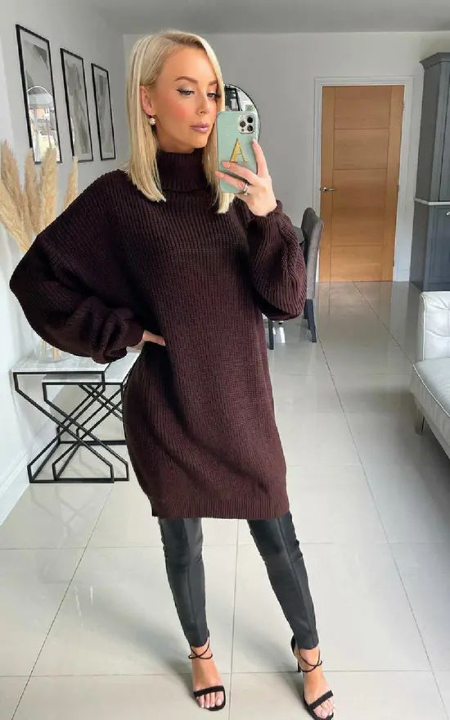 Dresses * | Discount Ikrush Macey High Neck Knitted Jumper Dress In Brown