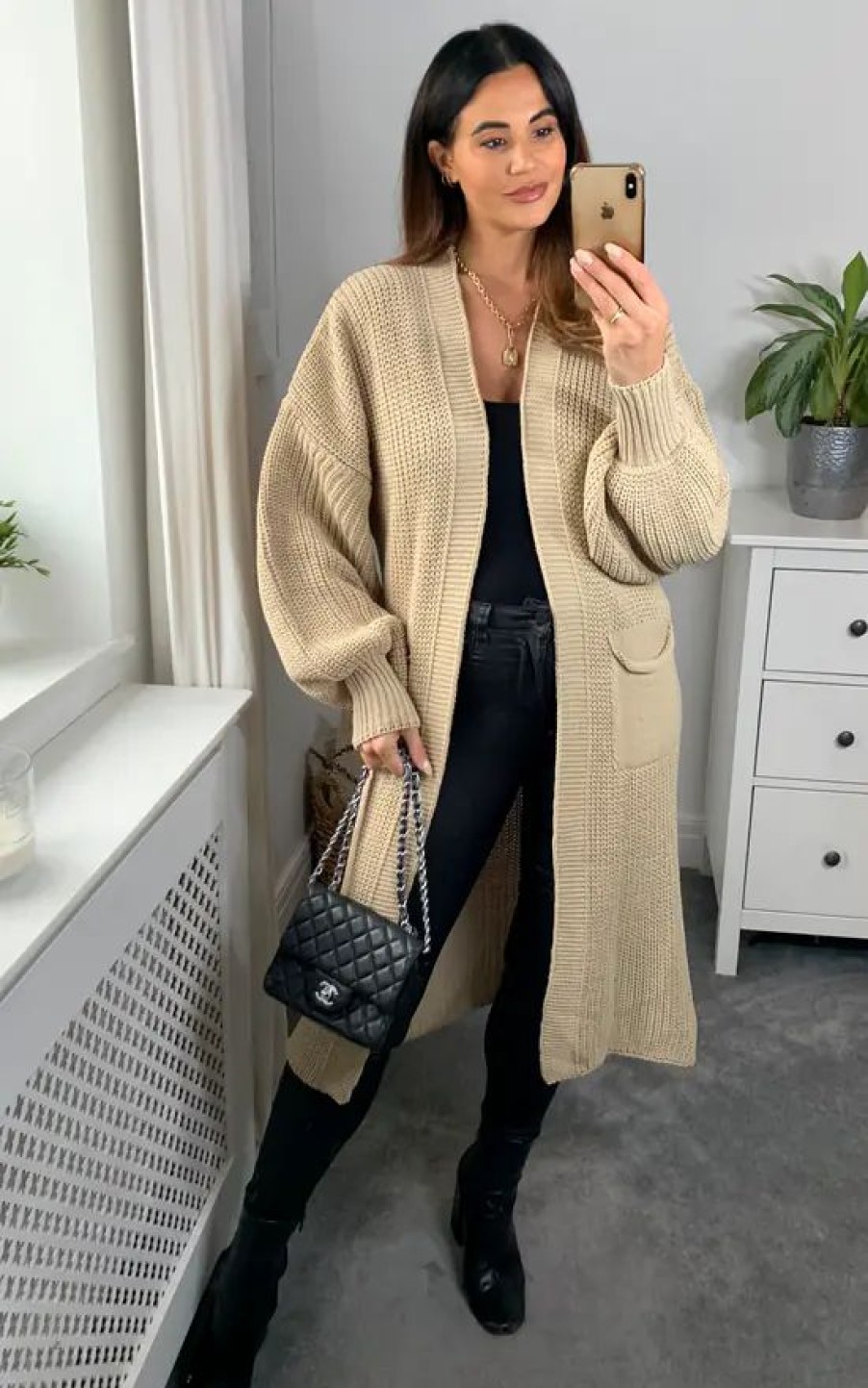 Knitwear * | Deals Hoxton Gal Oversized Long Sleeves Midi Knitted Cardigan With Pocket Details In Beige