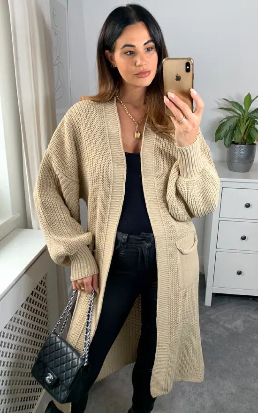 Knitwear * | Deals Hoxton Gal Oversized Long Sleeves Midi Knitted Cardigan With Pocket Details In Beige