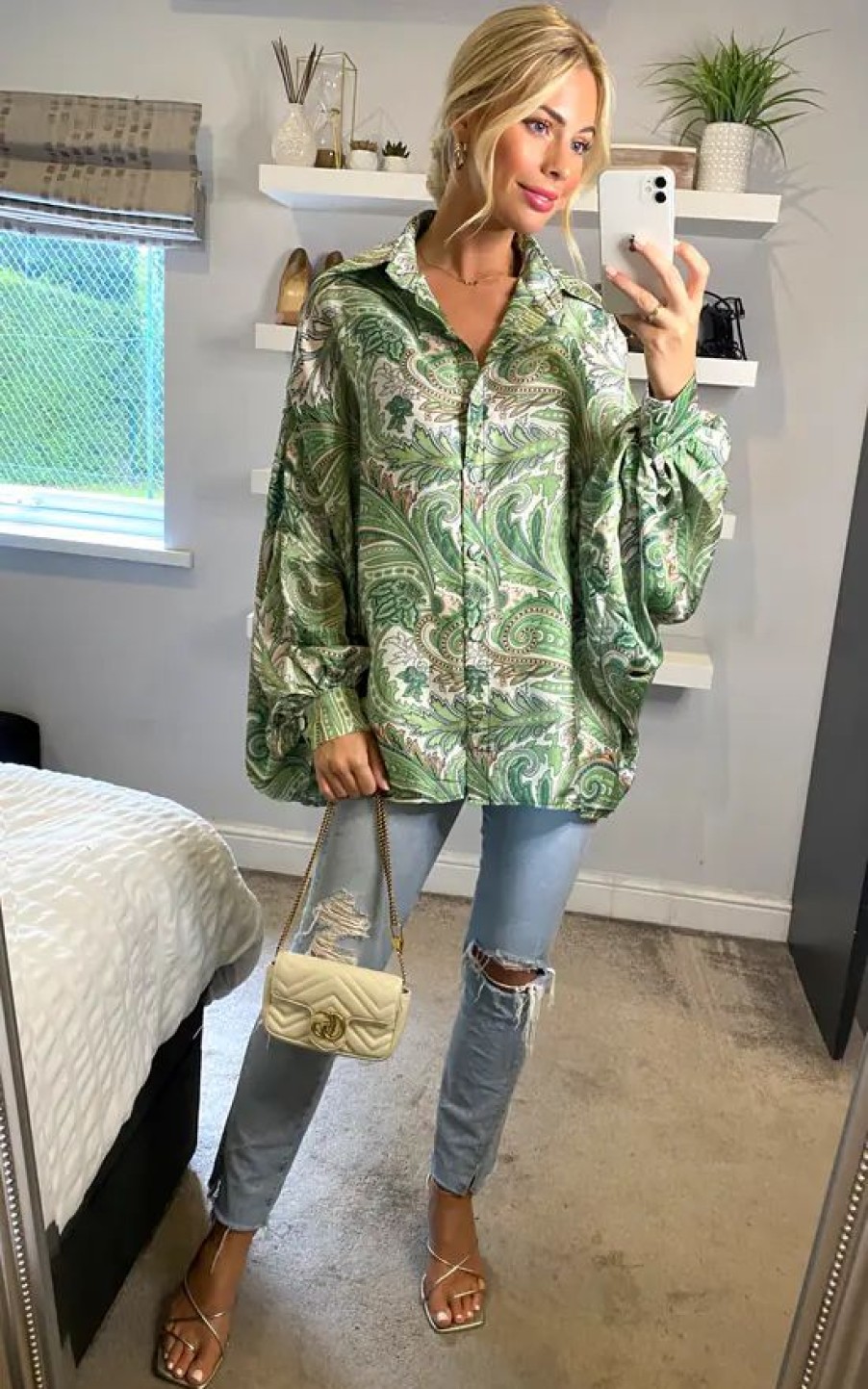 Tops * | Hot Sale Cy Boutique Oversized Long Sleeve Shirt In Green Paisley Scarf Print