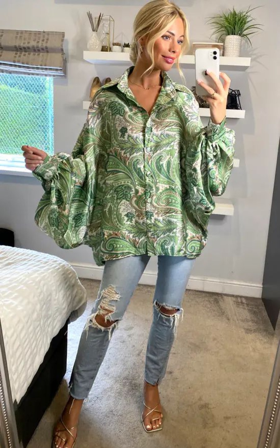 Tops * | Hot Sale Cy Boutique Oversized Long Sleeve Shirt In Green Paisley Scarf Print