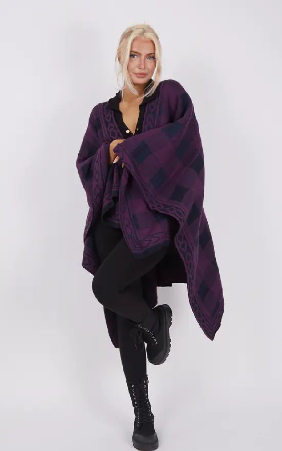 Knitwear * | Deals Boutique Store Purple & Navy Knitwear Poncho One Size Fit (10 18)