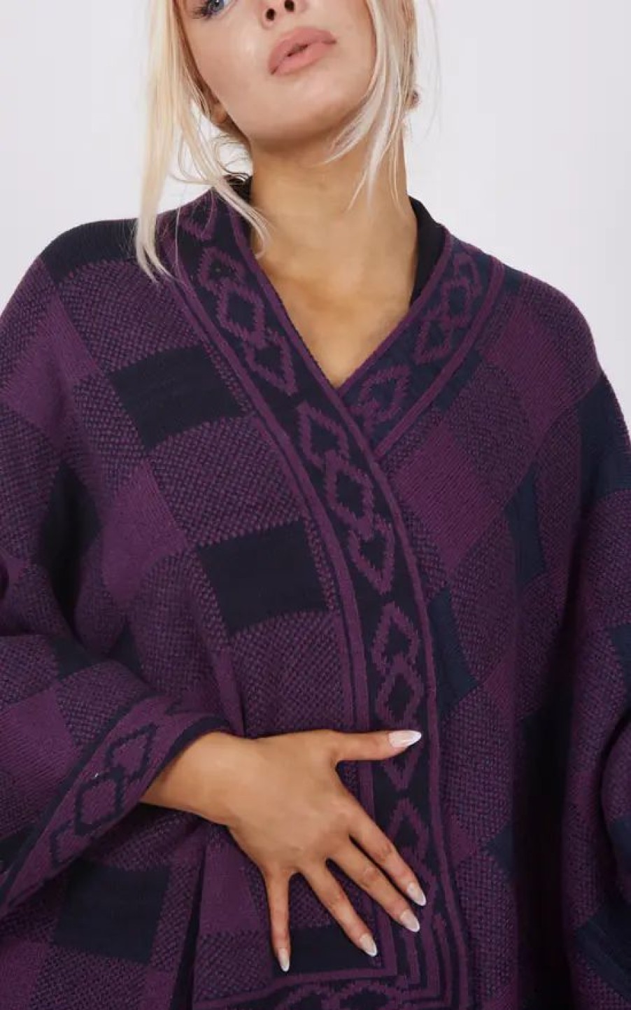 Knitwear * | Deals Boutique Store Purple & Navy Knitwear Poncho One Size Fit (10 18)