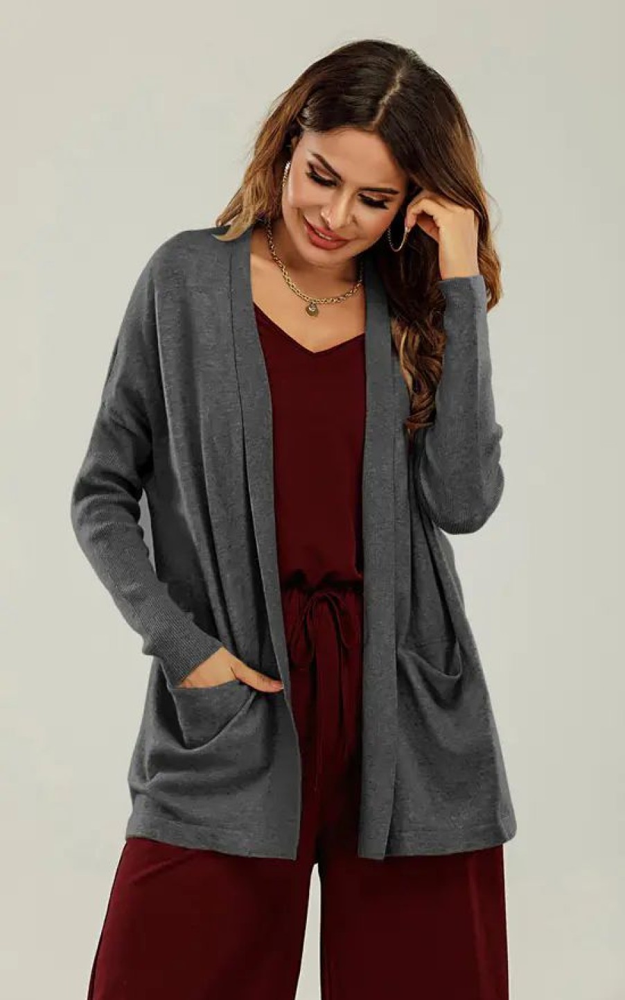 Knitwear * | Best Sale Fs Collection Wool Blend Classic Open Cardigan In Charcoal Grey