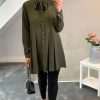 Tops * | Budget Hoxton Gal Oversized Tie Neck Pleated Shirt In Khaki